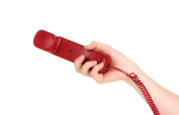 Handset van rode telefoon in hand geïsoleerd op wit — Stockfoto