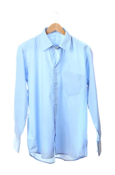 Blue shirt on wooden hanger isolated on white — Stock Photo, Image