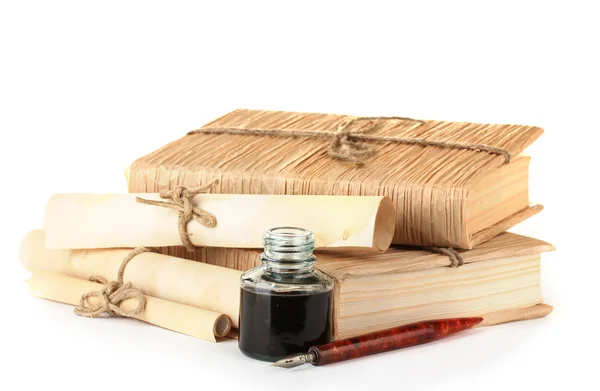 stock image Old books, ink pen and ink bottle isolated on white