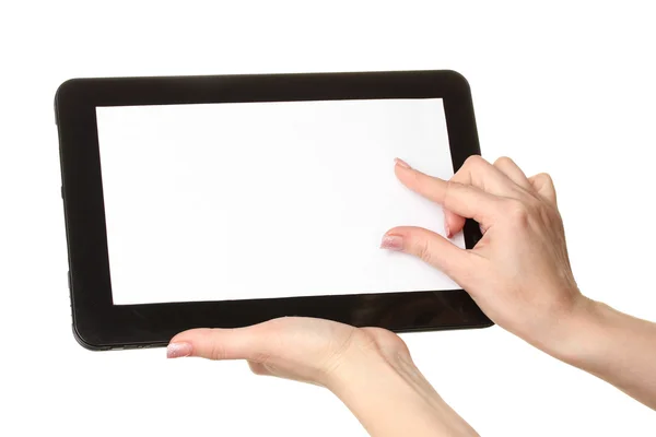 Woman hands holding a tablet isolated on white — Stock Photo, Image