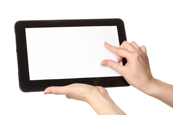 stock image Woman hands holding a tablet isolated on white