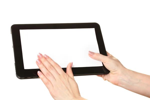 Kvinna händer som håller en tablett isolerad på vit — Stockfoto