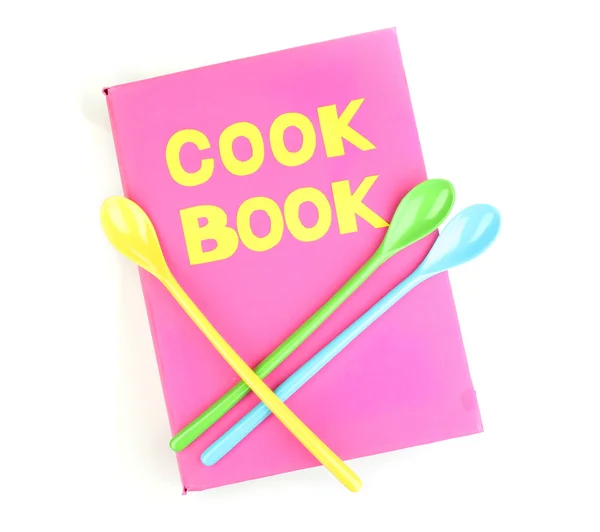 Na białym tle naczynia kuchenne i różowy książka kucharska — Zdjęcie stockowe