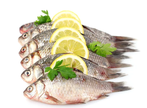 Frische Fische mit Zitrone und Petersilie isoliert auf weiß — Stockfoto