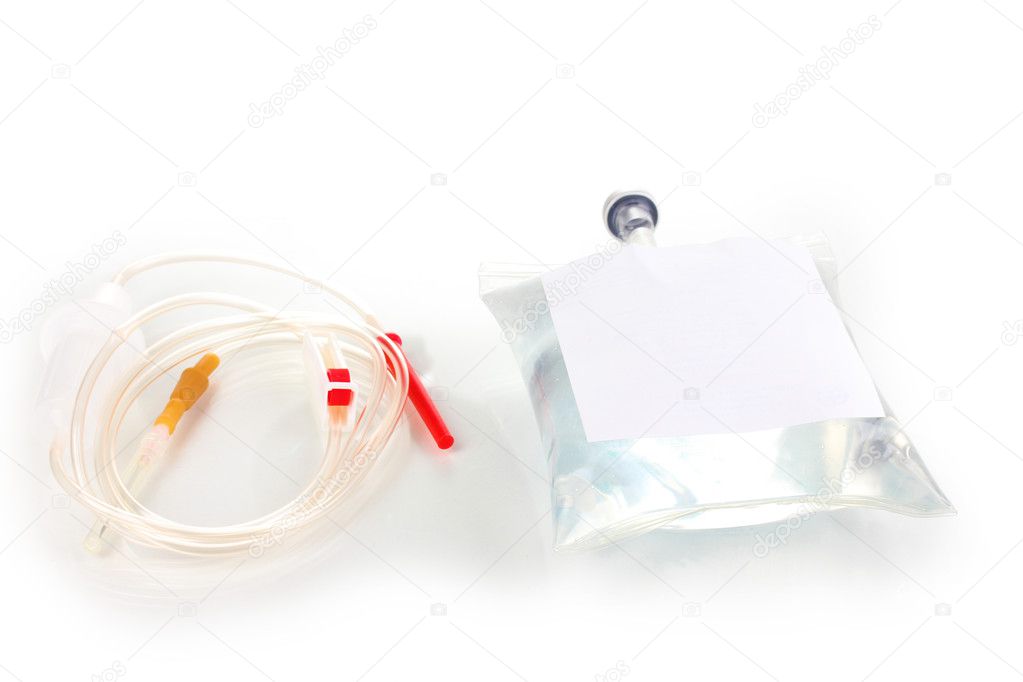 Bag of intravenous antibiotics and plastic infusion set isolated on white