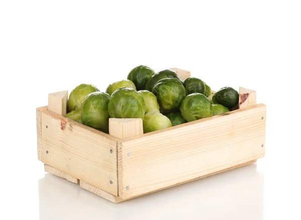 Brussels sprouts in wooden crate isolated on white — Stock Photo, Image