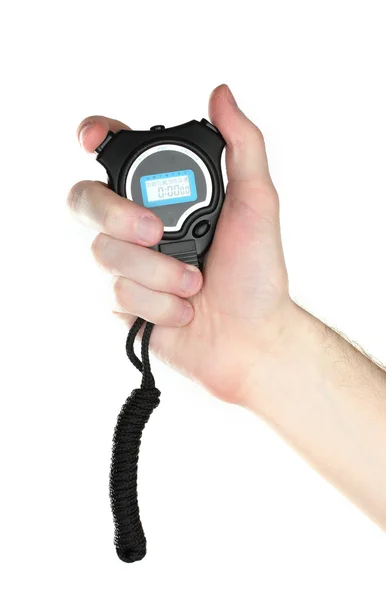 Timer sportivo elettronico in mano isolato su bianco — Foto Stock
