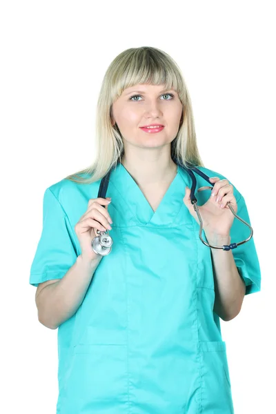 Jonge mooie arts met een stethoscoop geïsoleerd op wit — Stockfoto