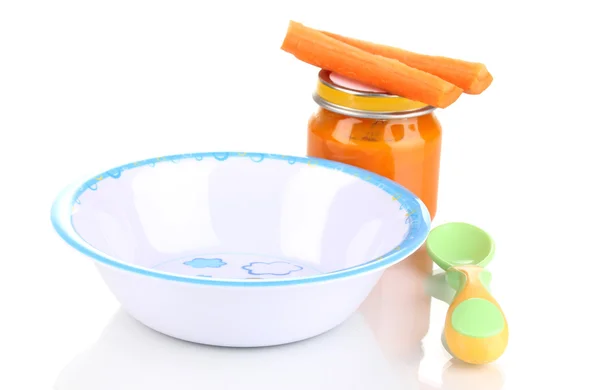 접시와 숟가락 흰색 절연 퓌 레 아기의 병 — 스톡 사진