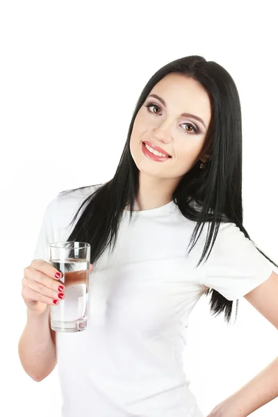 Piękna dziewczyna i szklankę wody na białym tle — Zdjęcie stockowe