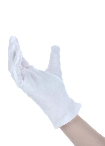 Тканинна рукавичка на руці ізольована на білому — стокове фото