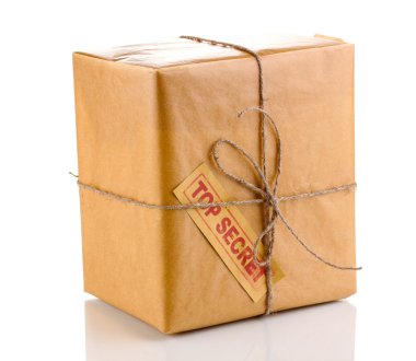 Parcel with top secret stamp isolated on white clipart