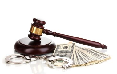 Dollar banknotes, handcuffs and judge's gavel isolated on white clipart