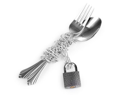 Fork and spoon with chain and padlock isolated on white clipart