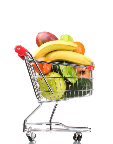 Assortment of exotic fruits in shopping cart isolated on white — Stock Photo, Image