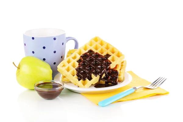 Tasty waffles with chocolate on plate isolated on white — Stock Photo, Image