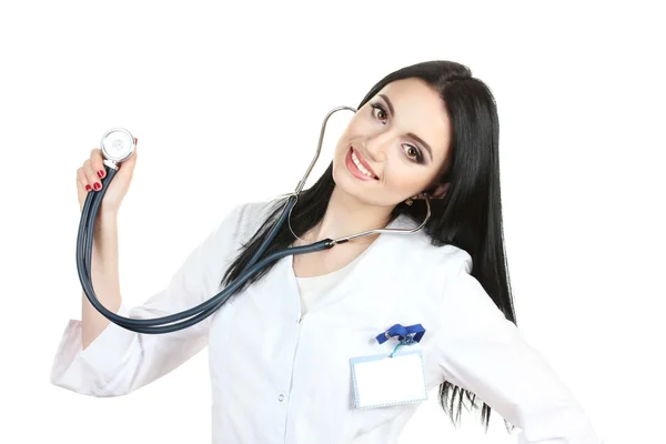 Молодий красивий лікар зі стетоскопом ізольований на білому — стокове фото