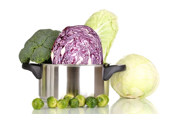 Kastrull med kål och broccoli isolerad på vit — Stockfoto