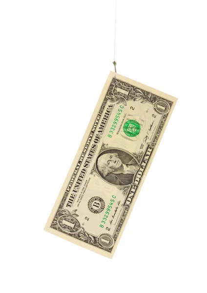 Five dollars on fishing hook isolated on white — Stock Photo, Image