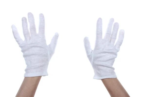 Doek handschoen op handen geïsoleerd op wit — Stockfoto