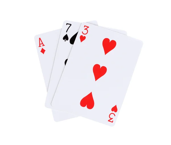 Trzy karty na białym tle — Zdjęcie stockowe