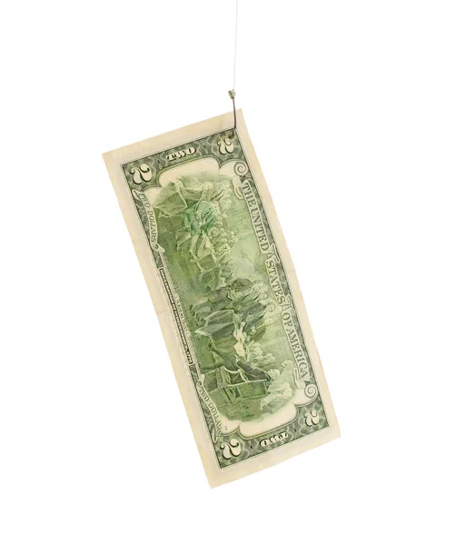 Cinco dólares en anzuelo aislado en blanco — Foto de Stock