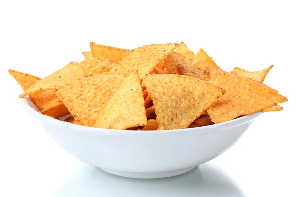 Tasty potato chips in bowl isolated on white — Stock Photo, Image