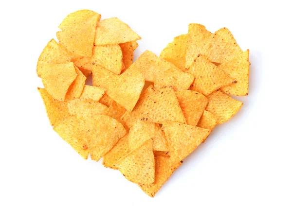 Delicious potato chips heart shape isolated on white — Stock Photo, Image
