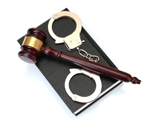 Wooden gavel, handcuffs and book isolated on white — Stock Photo, Image