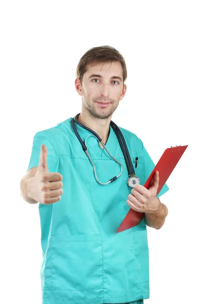 Jovem médico homem com estetoscópio e pasta isolada em branco — Fotografia de Stock