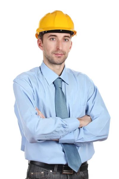 Young man architect with helmet isolated on white — Stock Photo, Image