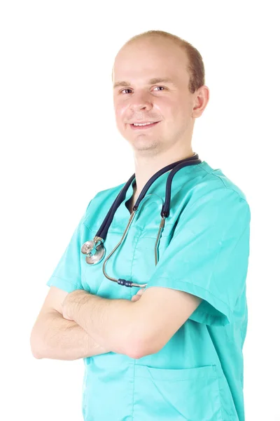 Genç doktor adam beyaz izole stetoskop ile — Stok fotoğraf