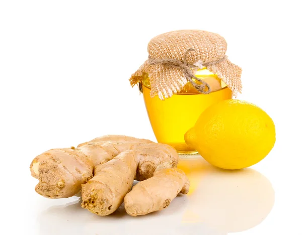 Ginger with lemon and honey isolated on white — Stock Photo, Image
