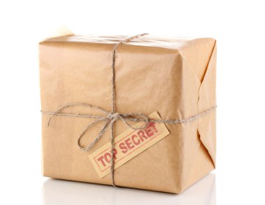 Parcel with top secret stamp isolated on white clipart