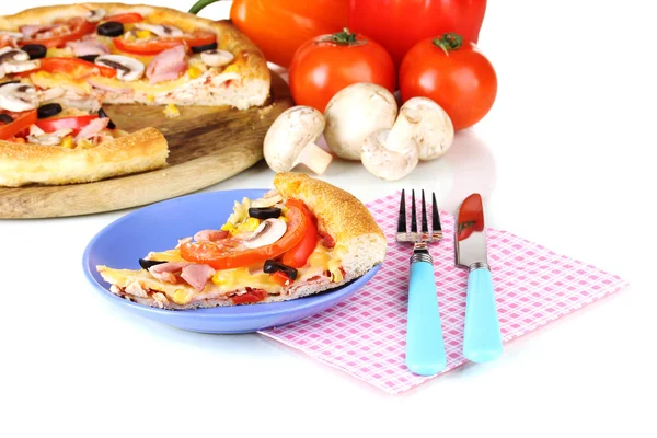Composition with slice of pizza on plate close-up isolated on white — Stock Photo, Image