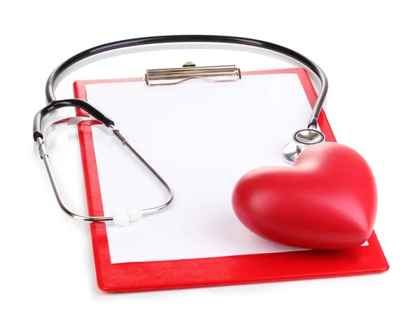Stethoscope, heart and blank clipboard isolated on white — Stock Photo, Image