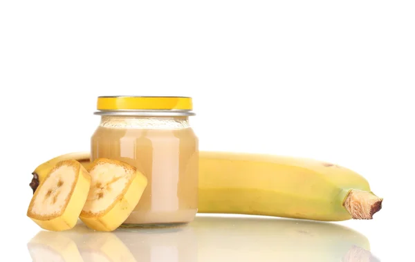 Baba püré banán elszigetelt fehér üveg — Stock Fotó