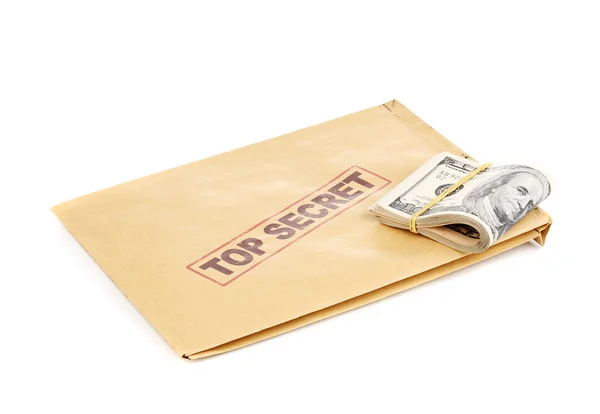 Notas de dólar e envelope ultra secreto isolado em branco — Fotografia de Stock