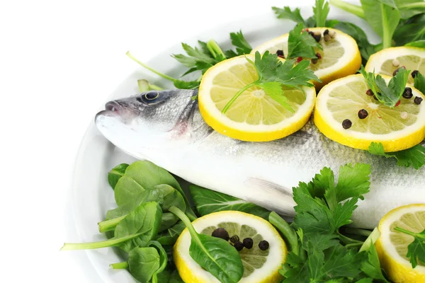 Pesce fresco con limone, prezzemolo e spezie su piatto isolato su bianco — Foto Stock