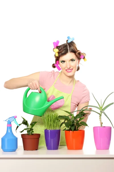 Beautiful happy young housewife watering plants in flowerpots isolated on white — Stock Photo, Image