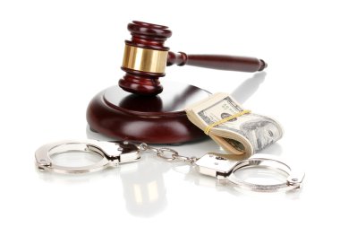 Dollar banknotes, handcuffs and judge's gavel isolated on white clipart