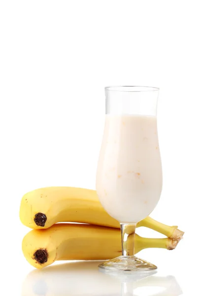 Bunch of bananas and milk cocktail isolated on white — Stock Photo, Image