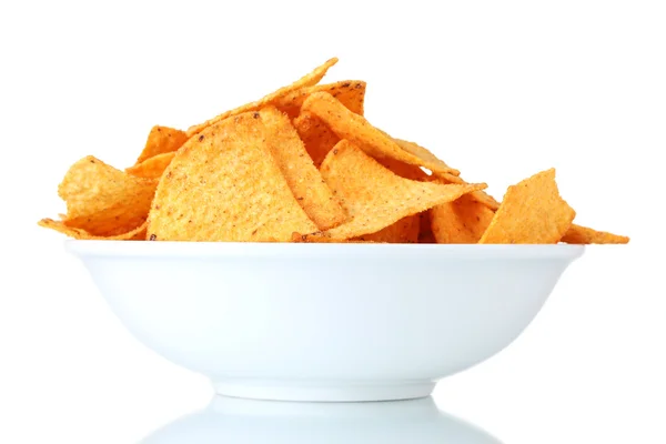 Smakelijke potato chips in kom geïsoleerd op wit — Stockfoto