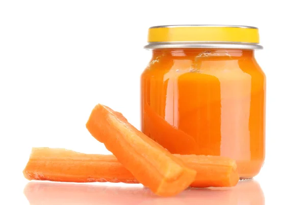 Jar of baby puree with carrot isolated on white — Stock Photo, Image