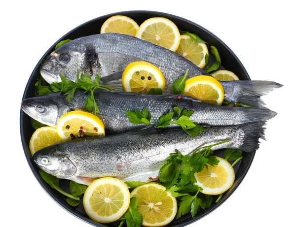 Limon, maydanoz ve karabiber üzerinde beyaz izole plaka üzerinde taze balıklar — Stok fotoğraf