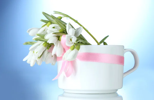 青色の背景に弓と花瓶の snowdrops の美しい花束 — ストック写真