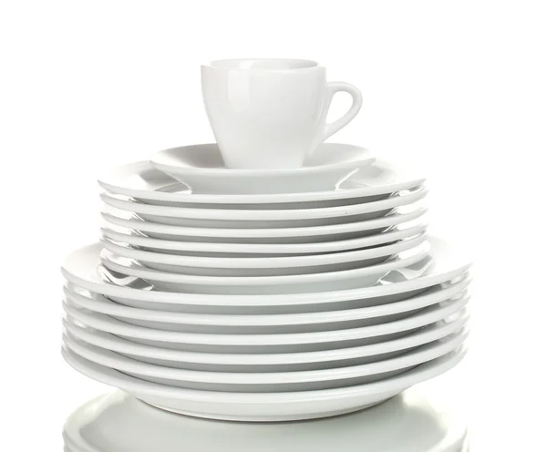 Saubere Teller und Tasse isoliert auf weiß — Stockfoto