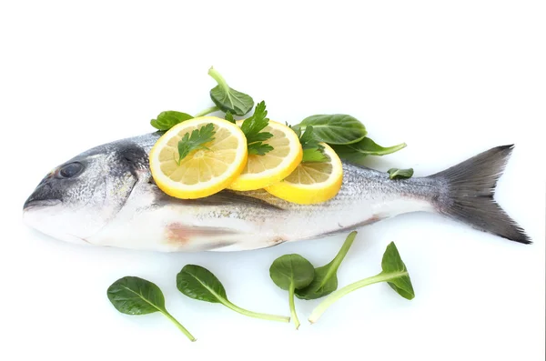 Pesce fresco con limone e prezzemolo isolato su bianco — Foto Stock