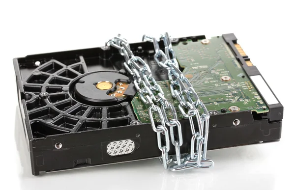 Hard disk drive on chain isolated on white — Stock Photo, Image