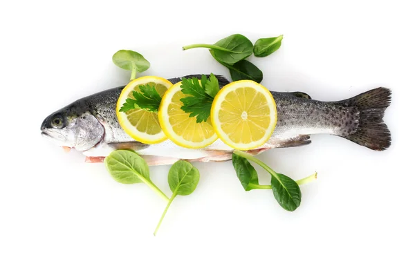 Pesce fresco con limone e prezzemolo isolato su bianco — Foto Stock